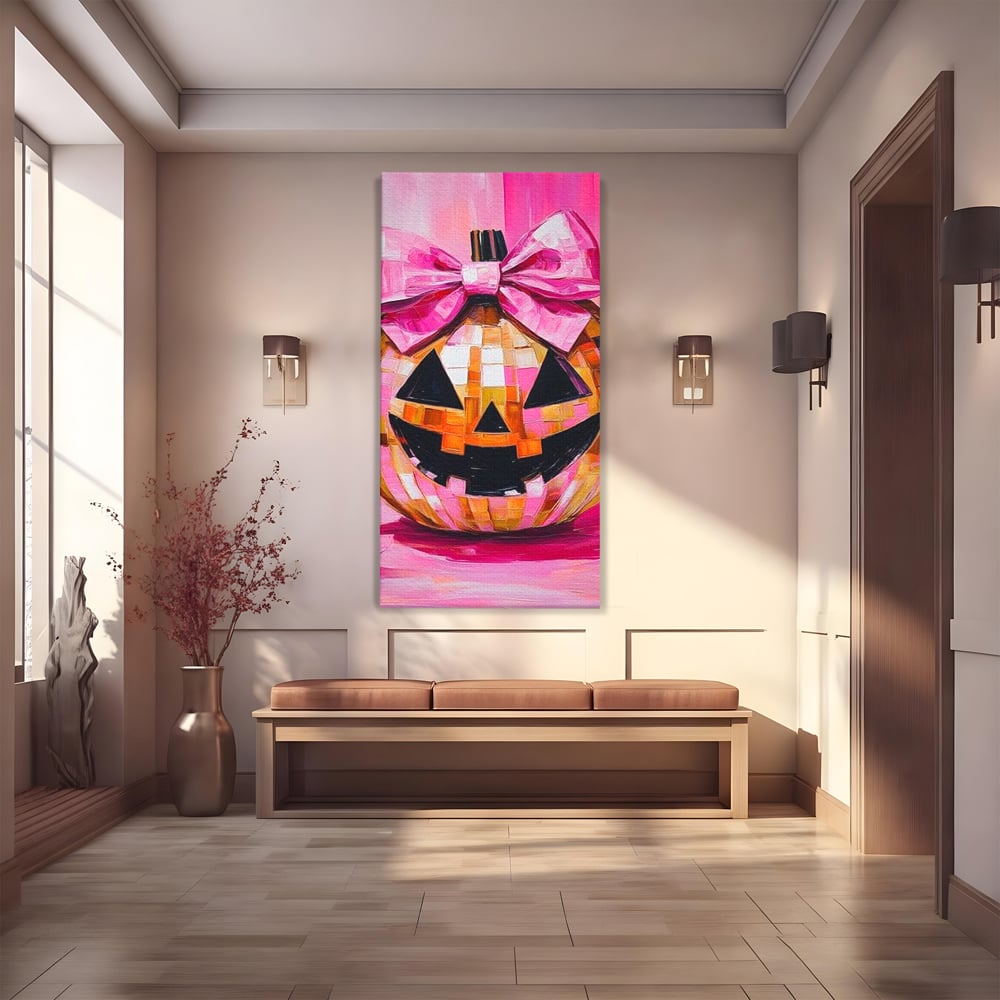 Tablou canvas cu tablou canvas cu dovleac roz si fundita, fara rama, pe sasiu de lemn